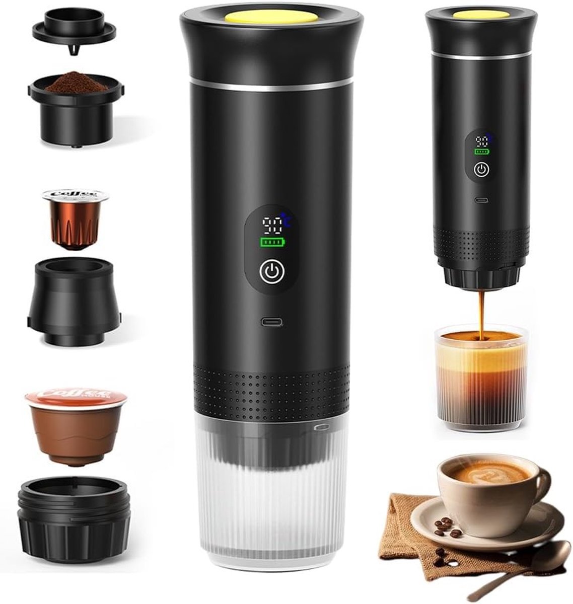 Draagbare Espresso Machine voor Reizen, 3-in-1 Koffiemaker met 20 Bar, USB-C, Ideaal voor Camping, Hiking en Kantoorgebruik met Compatibiliteit voor Gemalen Koffie en Capsules
