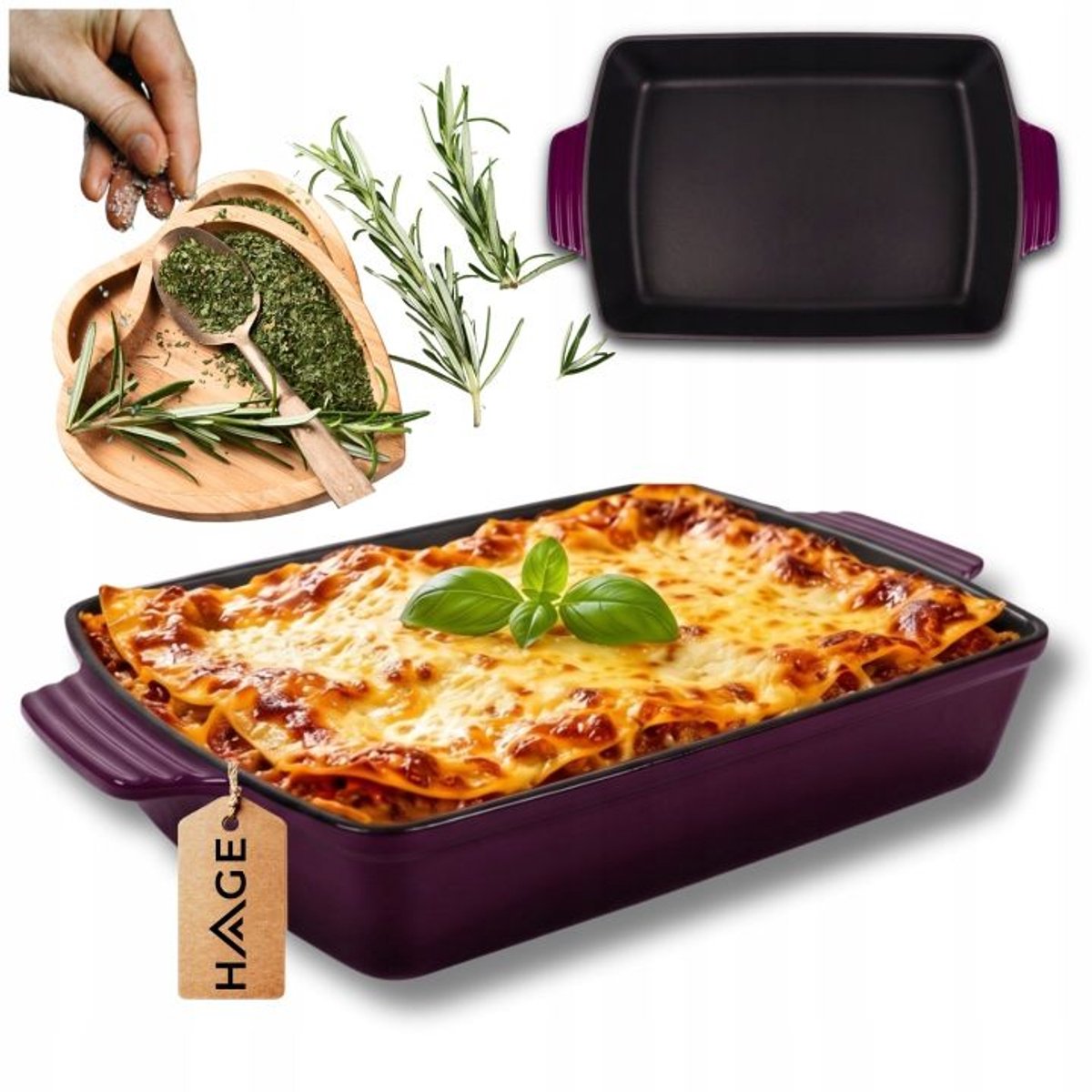 Hage - Bakvorm - Ovenschaal - Gietijzeren Ovenschaal - Emaille Braadslede met Handgrepen - Geschikt voor Inductie, Oven & Alle Warmtebronnen - 3.5 Liter - 32 x 23.5 cm - Aubergine Kleur