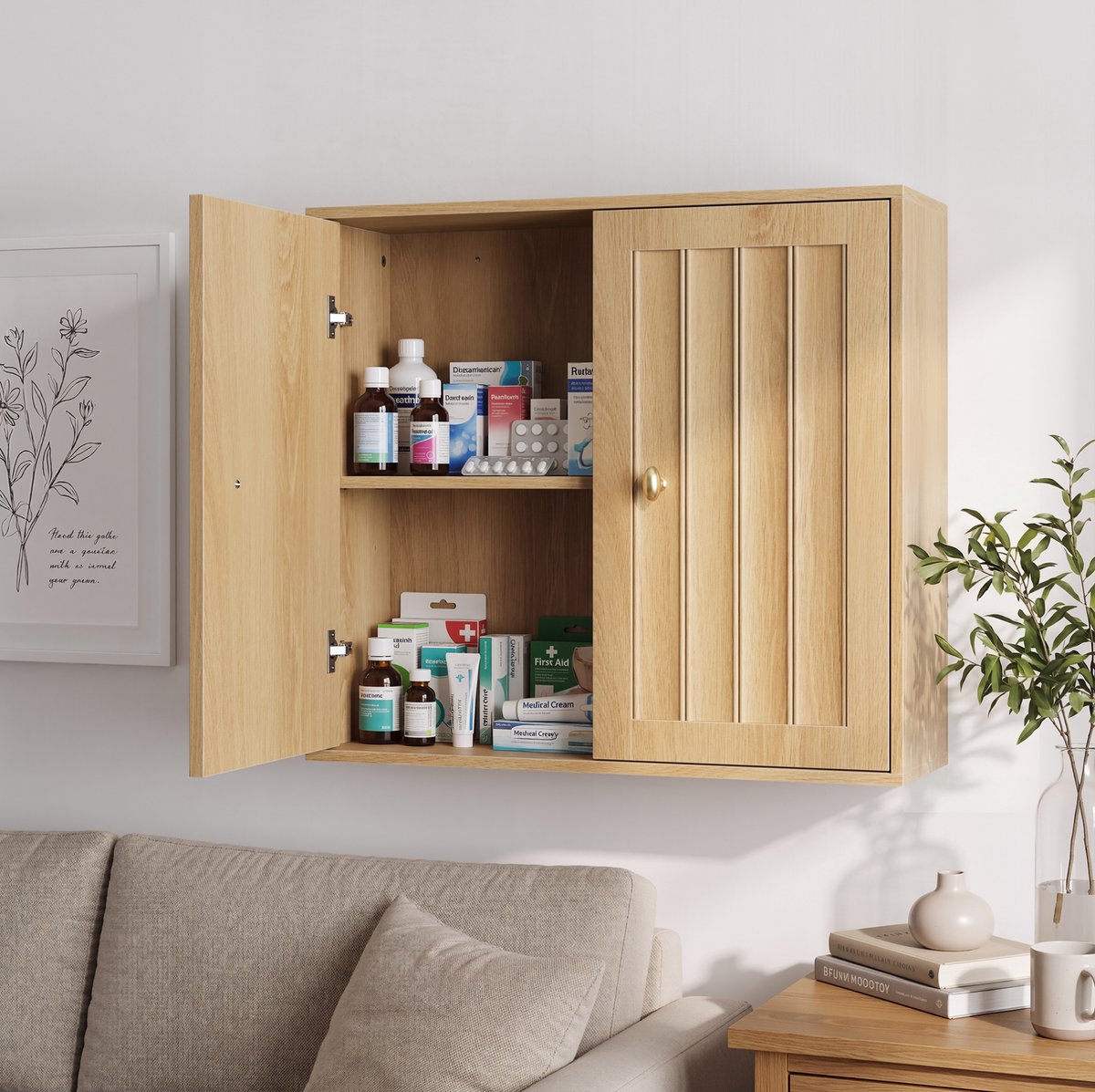 REDOM - Wandgemonteerde badkamerkast - Medicijnkast met 2 deuren en verticale groeven - Wandopbergruimte - MDF en spaanplaat - Eiken - 61,5 x 20 x 56 cm