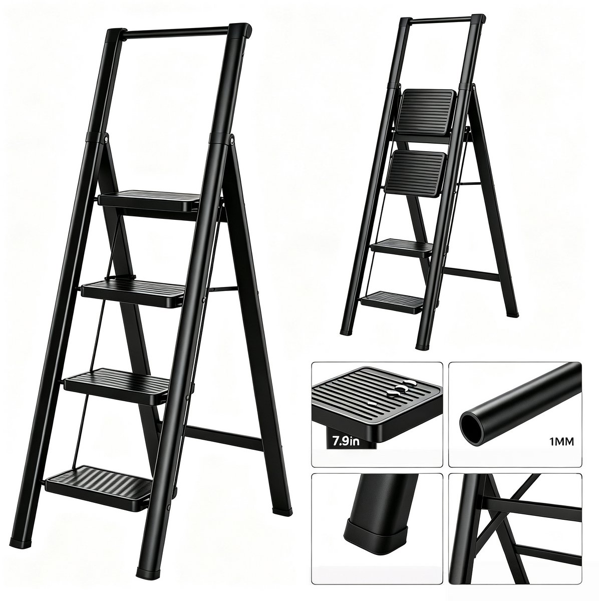 Huishoudtrap 4 Treden - Opvouwbare Trapladder - Keukentrap - Vouwtrap - Anti-Slip - Breed - Compact - Veilig - Binnen - 140cm - Opstapje - Staal