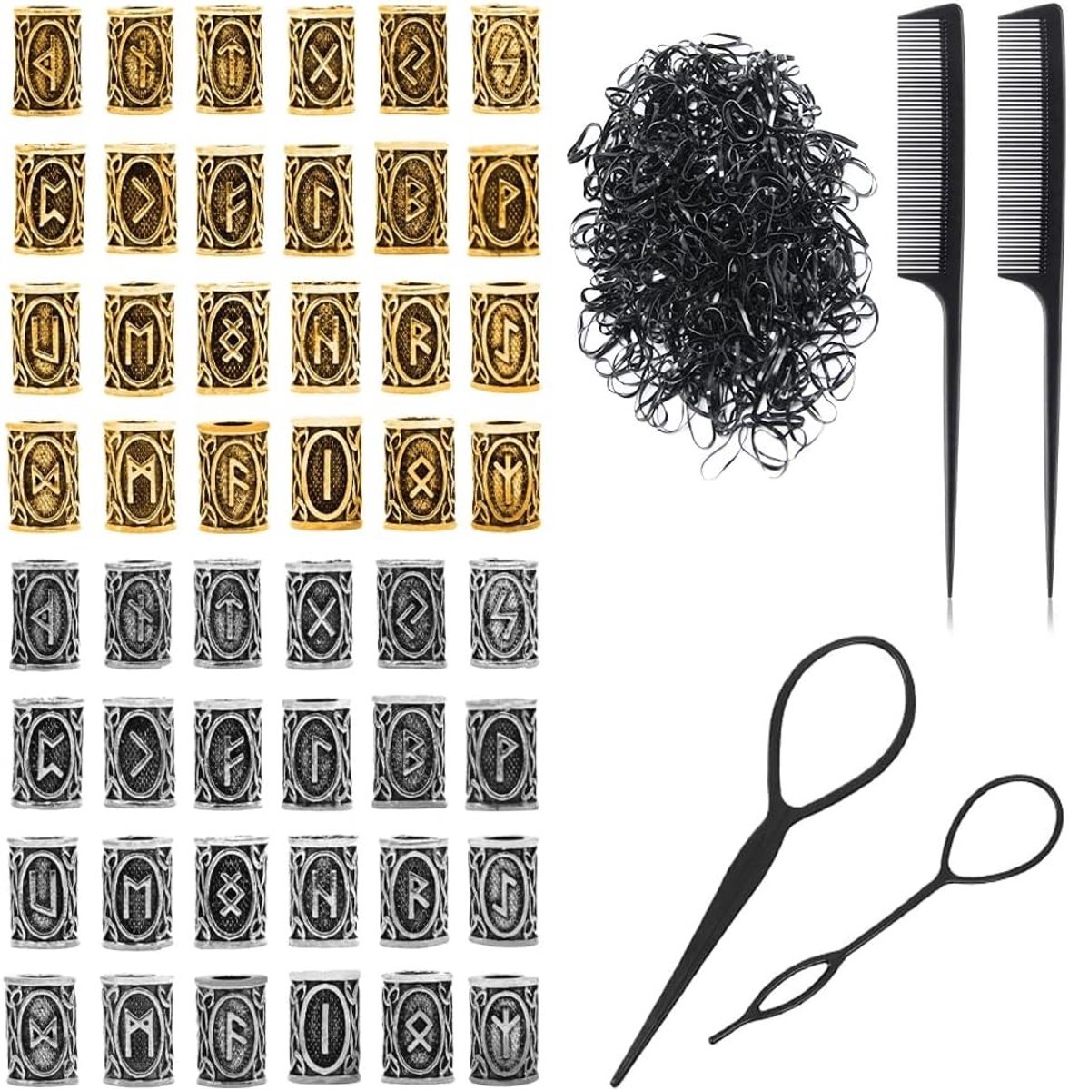 48 Stuks Viking Baard Kralen met 1000 Rubber Bands - Antieke Noorse Kralen voor Haar, Baard en Armbanden met Viking Rune Design