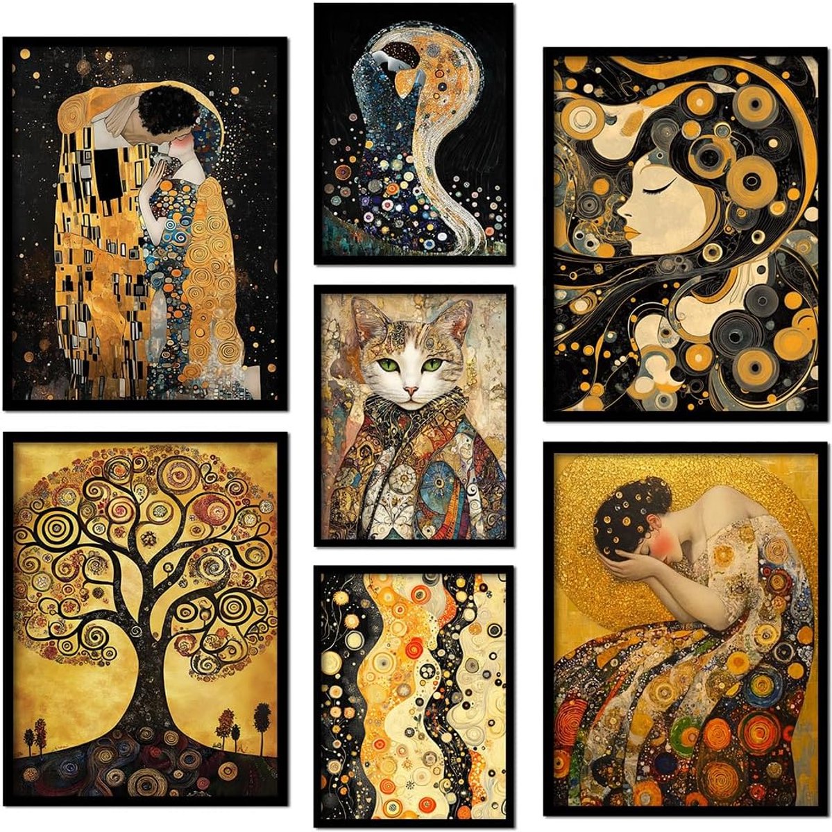 SnelShoppen - Set van 7 Posters zonder Lijst Wanddecoratie MDF Frame | Gustav Klimt Stijl, Moderne Design, Beschermend Glas, Voor Woonkamer en Slaapka