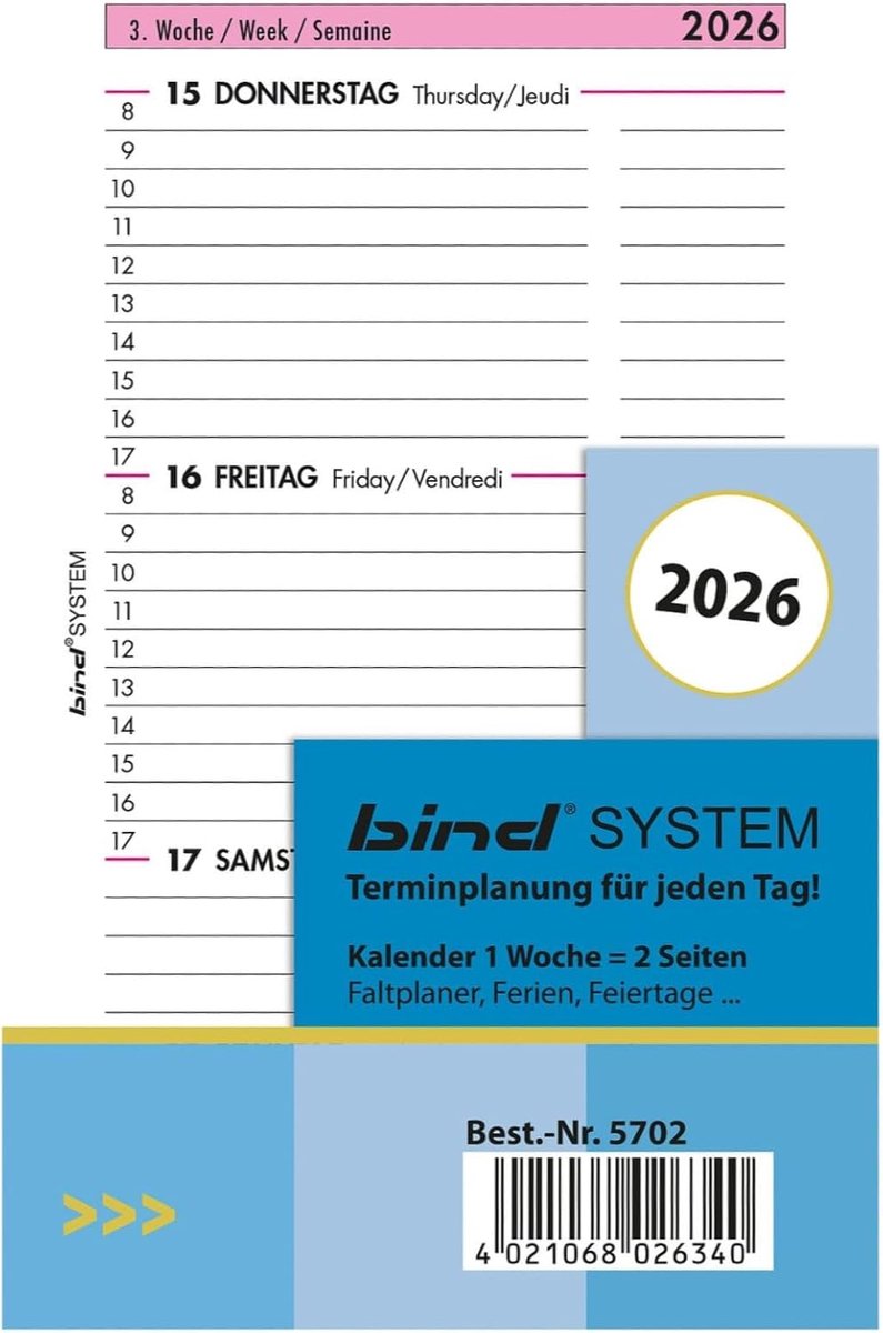 Kalenderinleg A7 2026 - 1 Week / 2 Pagina's - 3-talig - Perfect voor je planners - ShopVlot