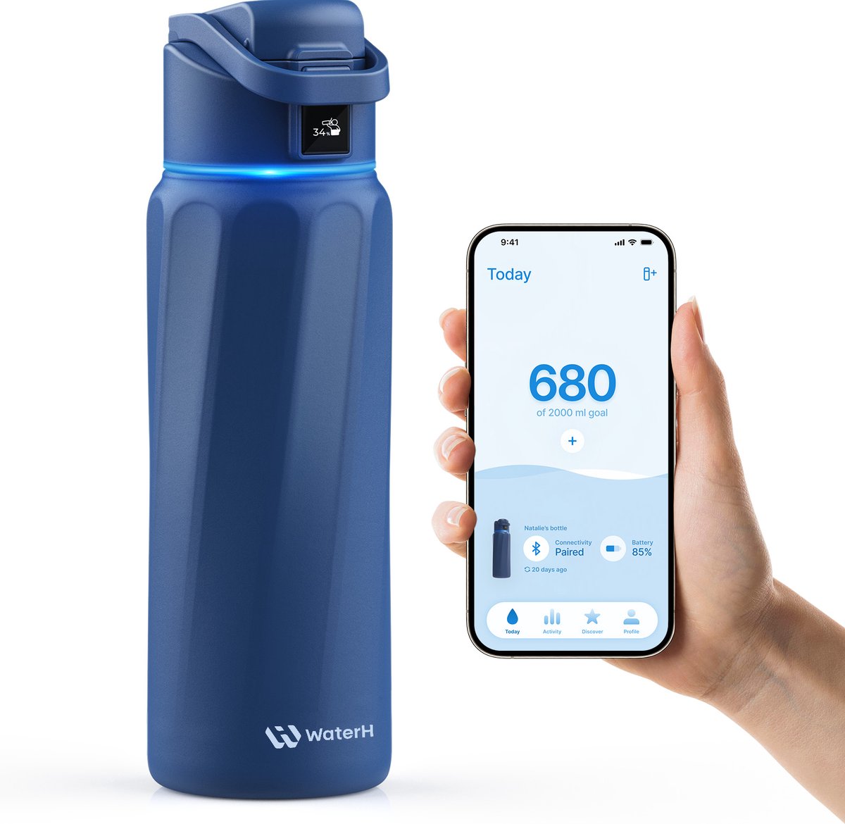 WaterH BOOST - Slimme Waterfles met Herinnering om Water te Drinken & Water Tracker Fles - Dubbelwandige stalen drinkfles - Wijde opening - 946ml - Magnetite Blue