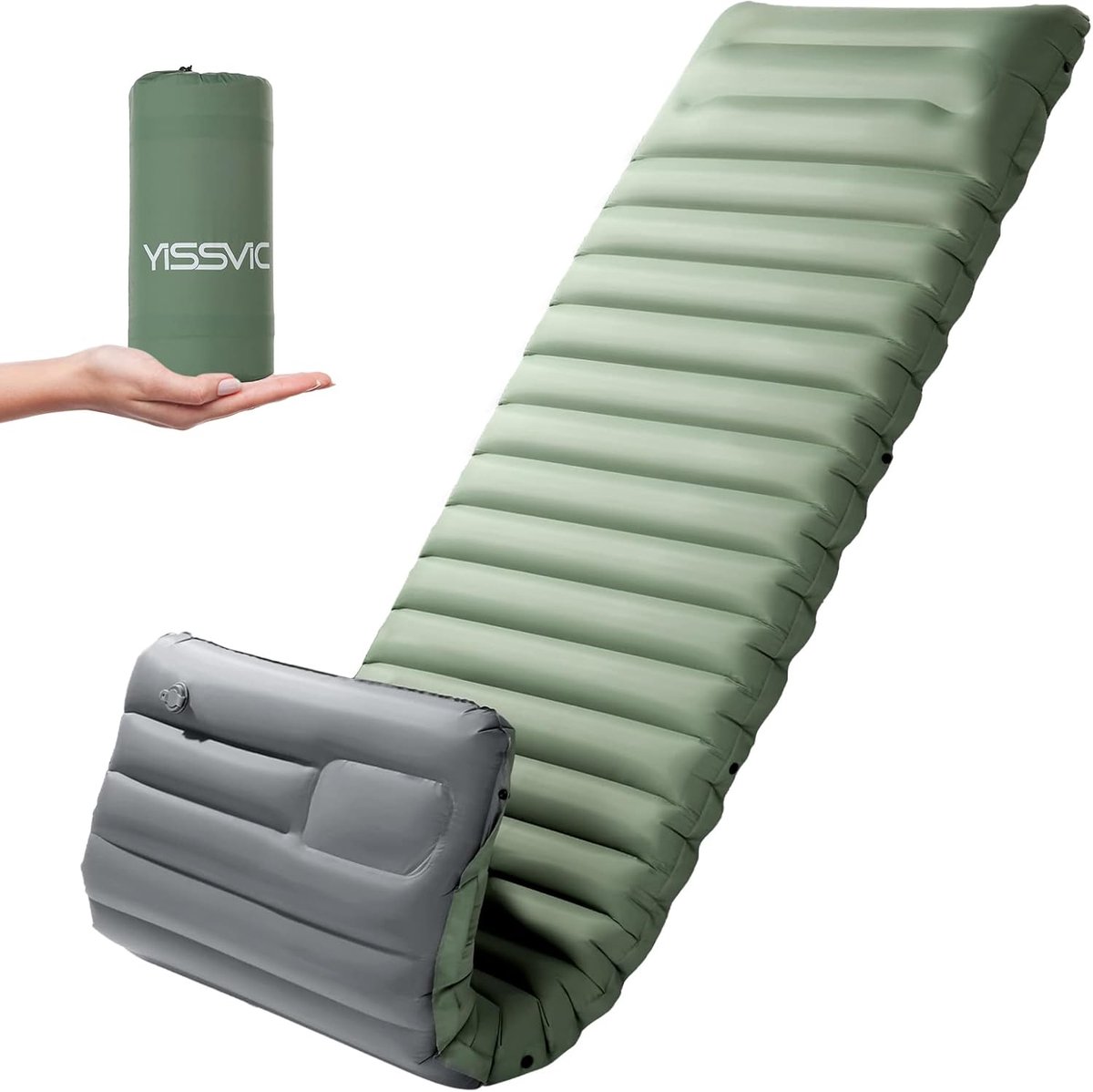 SnelShoppen - Zelfopblazende Camping Slaapmat 10 cm Dikke Isomat met Voetpomp Ultralicht voor Wandelen Buiten Grijs Groen