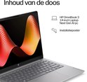 HP OmniBook 3 14-inch laptop, zilver, met een afbeelding van de inhoud van de doos.