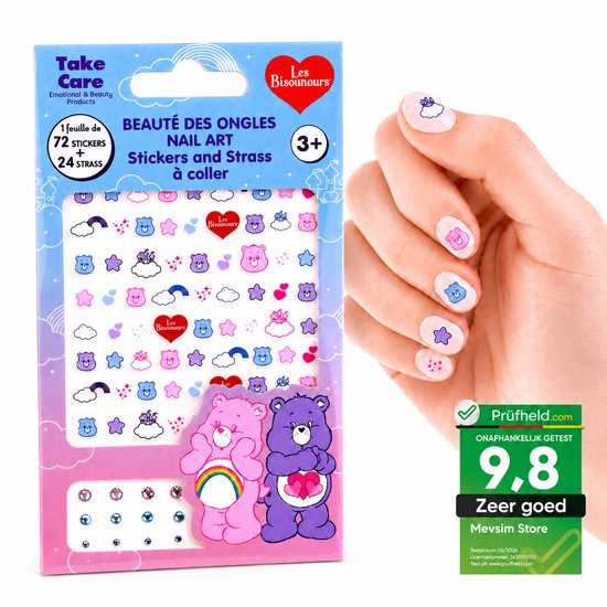 Verpakking met Les Bisounours nail art stickers en strass, met een voorbeeld van de stickers op nagels.