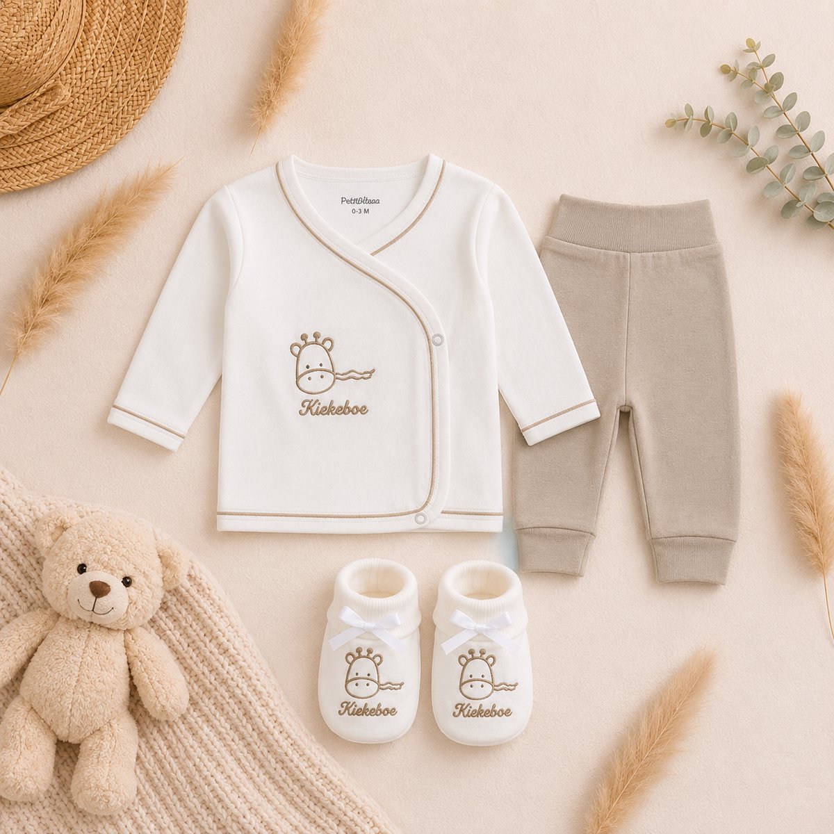 Blijeitje -Babykleding Set 3-Delig met Sloffen Unisex beige/Wit – Newborn Baby Kleding Kiekeboe – Shirt & Broekje – 100% Katoen – 0-3 Maanden