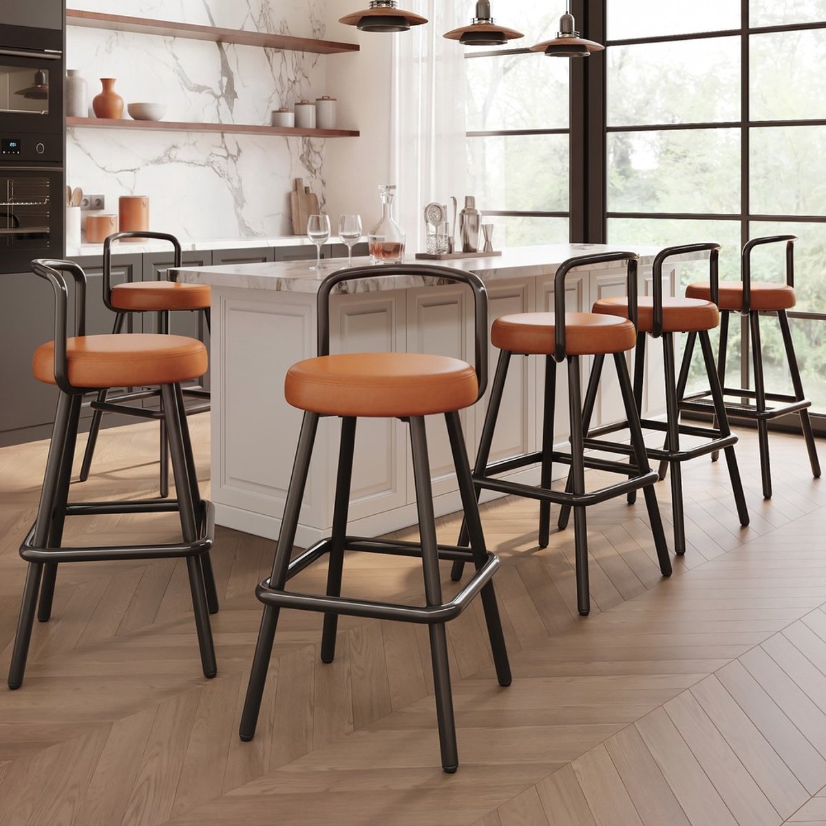 Pugsdrly Moderne barkrukken, set van 6 met ergonomische rugleuning, waterafstotend PU-leer en stevige ijzeren poten, barkruk met rugleuning, voetsteun voor bar, keuken en eetkamer, bruin