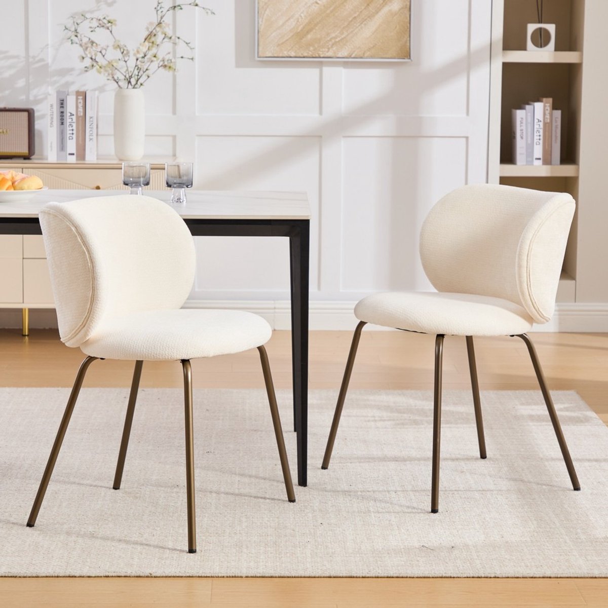 Pugsdrly Eetkamerstoelen in eigentijdse chenille-stijl, comfortabele gebogen rugleuning met zachte bekleding, bronzen metalen poten – Geef je keuken een upgrade met modern comfort en stijl, set van 2, crèmekleurig