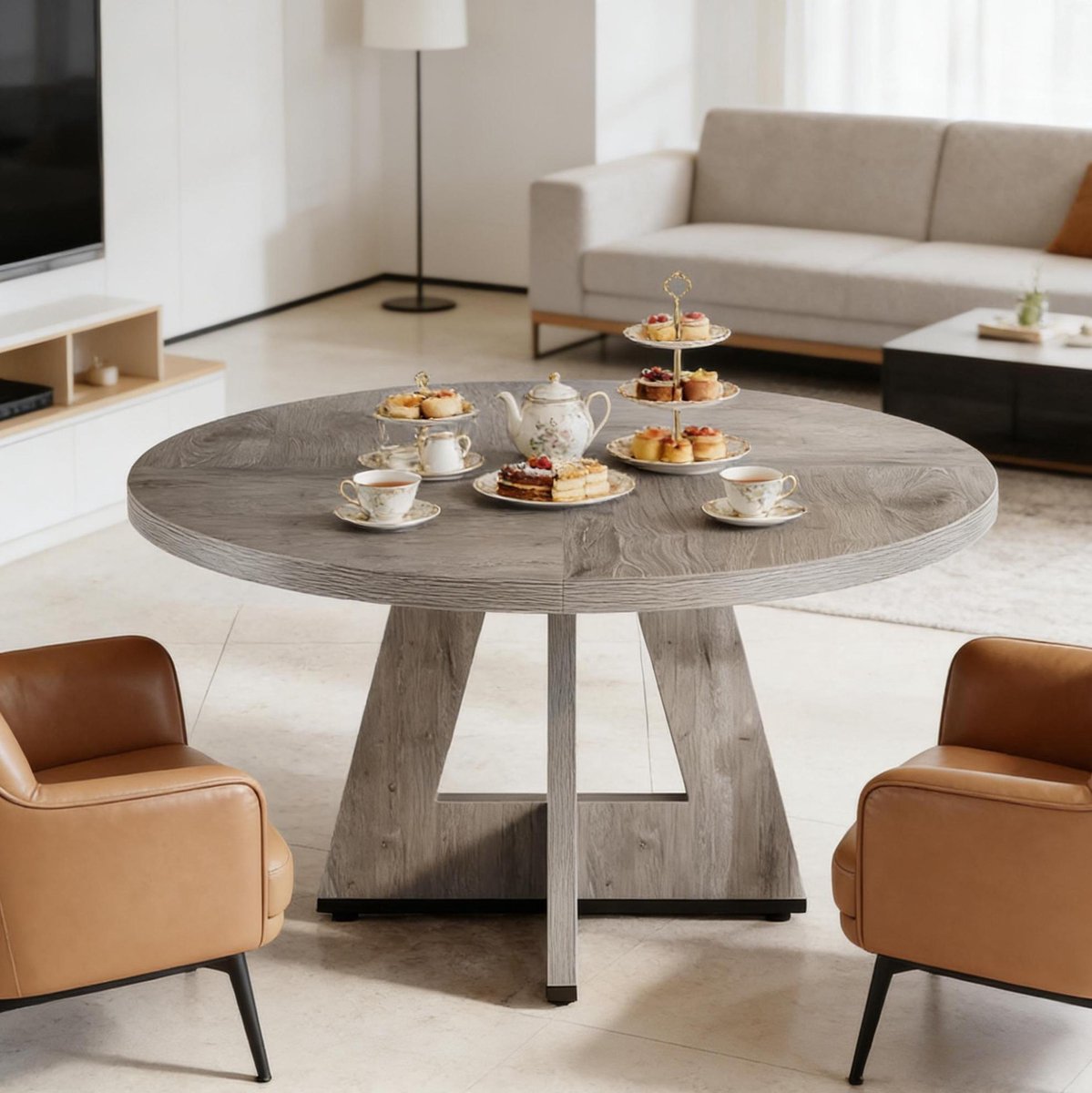 COVREO Eettafel 120x120x75 cm grijs, ronde tafel van hout voor 4 personen