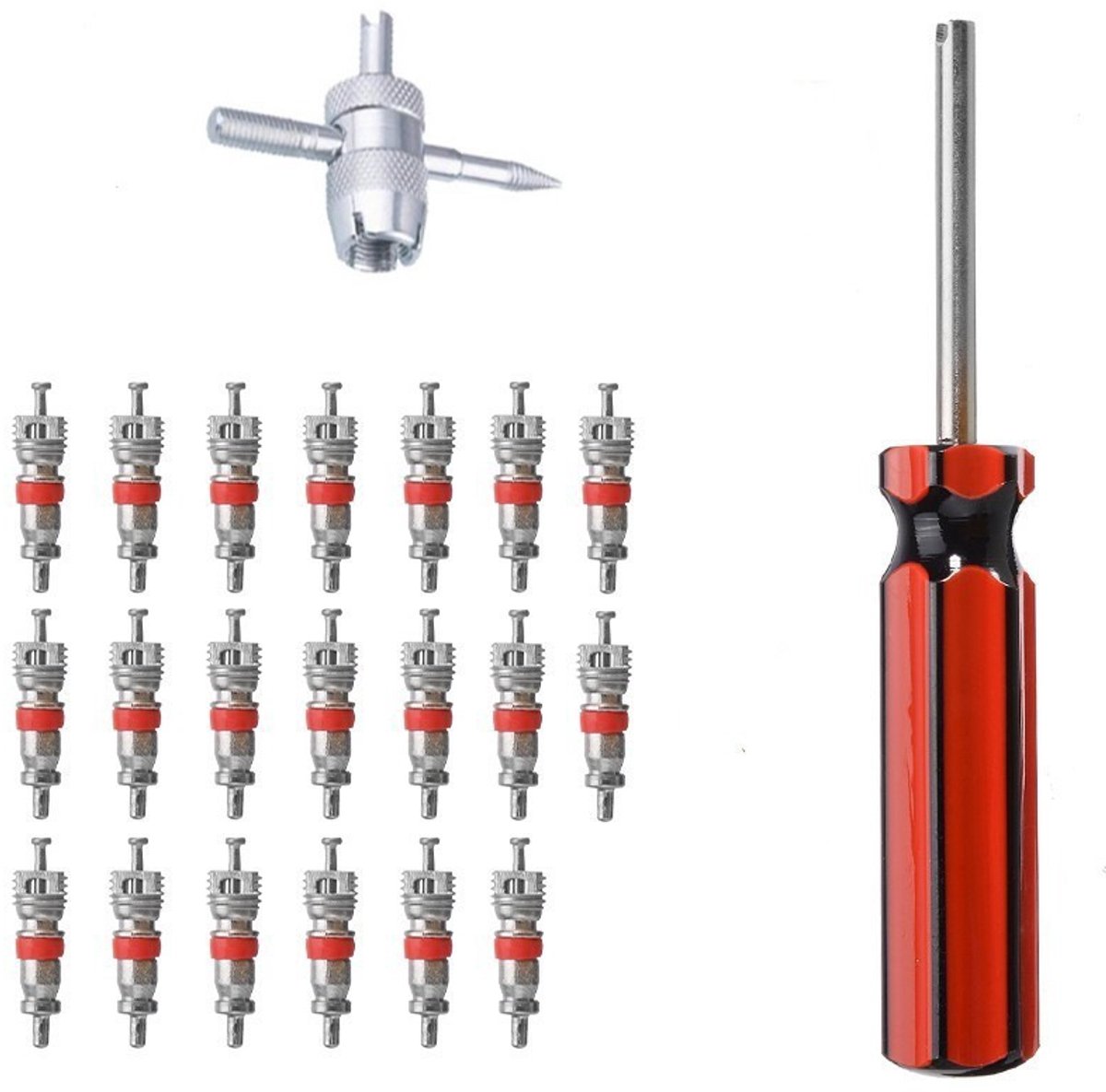 20 Stuks - Ventielkern - Messing Ventielnaald 19mm - 4-Weg Ventieltool - voor Schrader Ventiel - Luchtventiel Onderdelen voor Auto, Motor & Fiets - Zilver & Rood