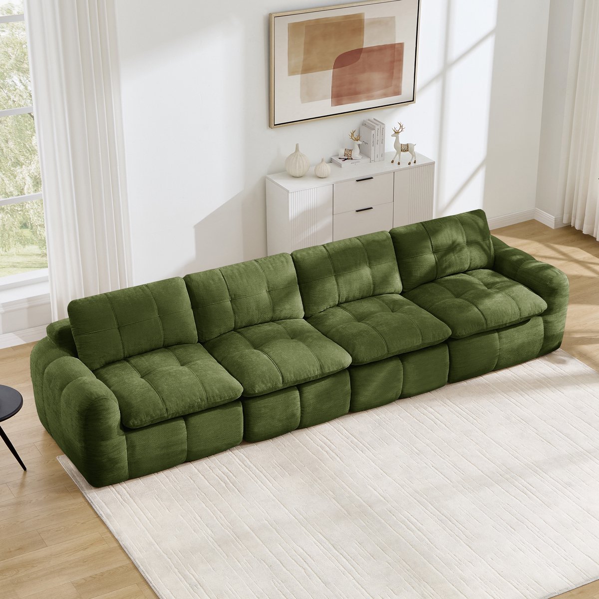 4-Zits Bank, 4-Zits Frameloze Modulaire Bank, Met Een Heerlijk Zachte, Huidvriendelijke Chenille Bekleding, 32D Schuim Met Hoge Dichtheid, Brede En Diepe Zitplaatsen, Montagevrij, Ideaal Voor Woonkamers En Appartementen,Groente