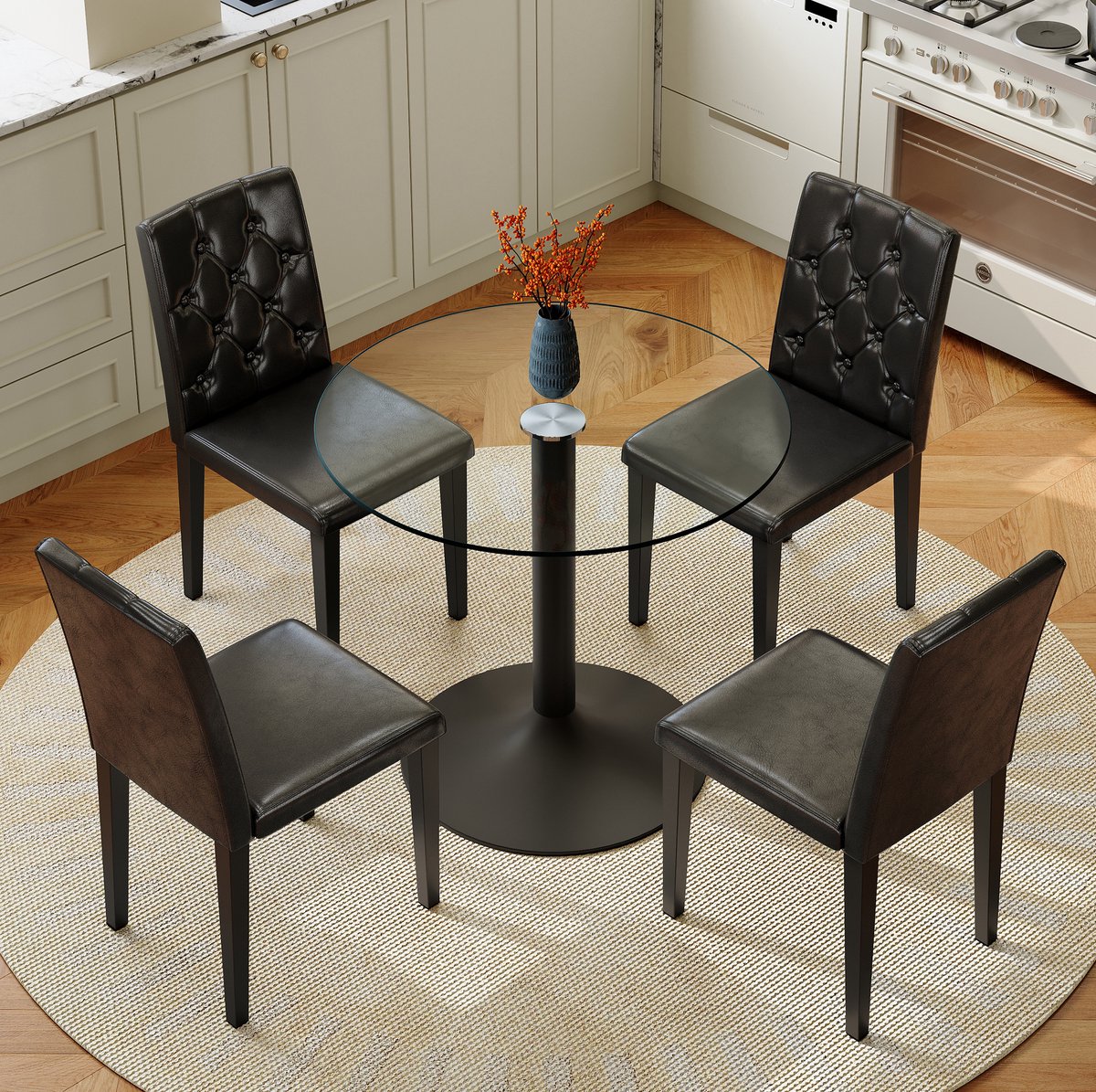 REDOM - Set tafel en stoelen - Ronde glazen eettafel met 4 stoelen - Glazen tafelblad met metalen onderstel - Moderne stijl - Eetkamer - Zwart - Transparant - 85 cm