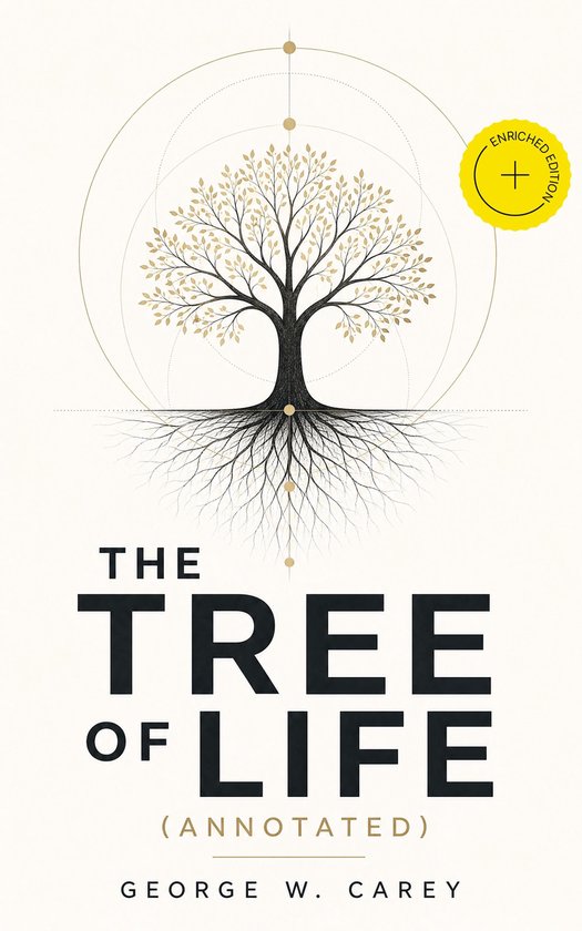 Boek 'The Tree of Life' (Annotated) door George W. Carey met een gestileerde gouden boom en wortels op een crèmekleurige achtergrond. Gecertificeerde editie.
