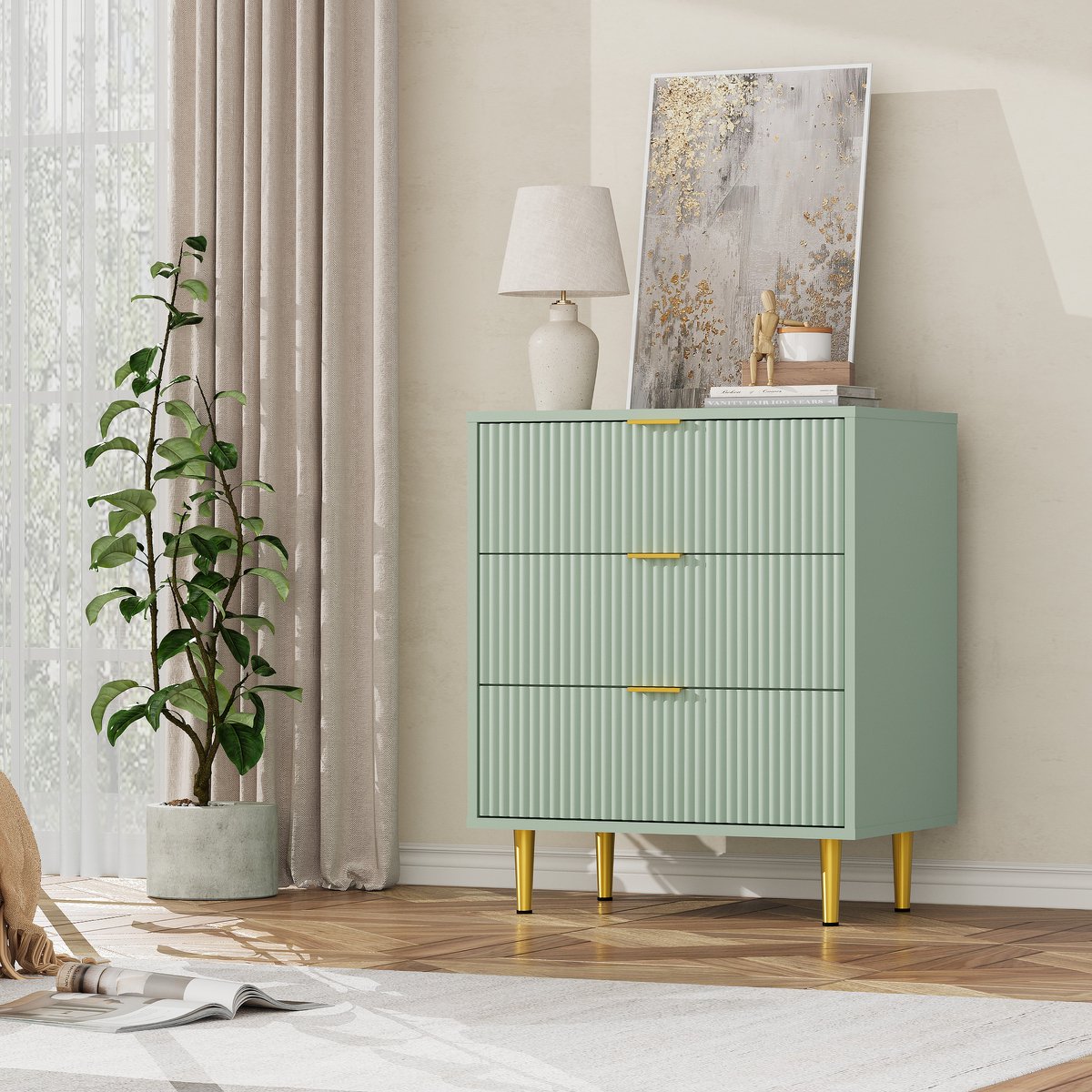 Smalle ladenkast met 3 laden, 60×40×75 cm – geribbeld golvend front, goudkleurige metalen handgrepen en poten, inclusief kantelbeveiliging, geschikt voor slaapkamer, woonkamer en gang
