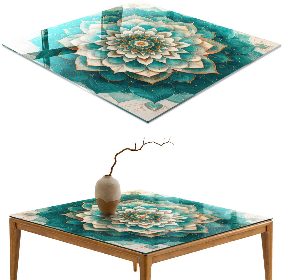 ArtPrintCave Symmetrische mandala Glazen Tafelblad - 50x50 cm - Tafelblad Vierkanten - Turkoois Eettafel Met Glasplaat - Abstractie Bureaublad