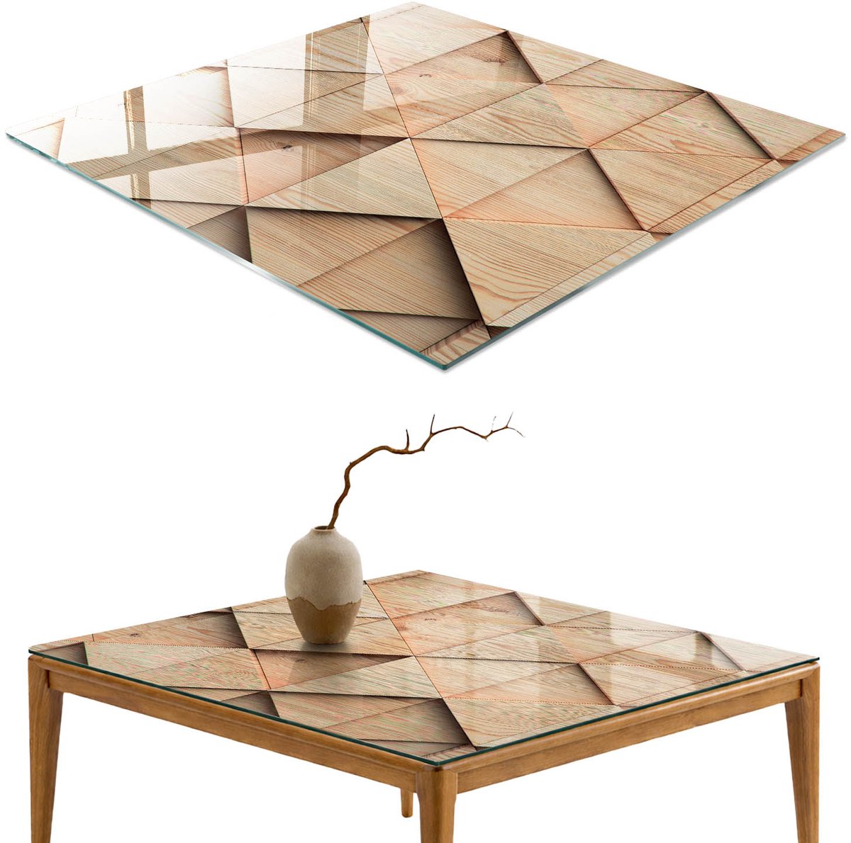 ArtPrintCave Houten geometrie Glazen Tafelblad 60x60 cm - Tafelblad Rechthoek - Beige Tafelblad Glas - Texturen Terrastafel