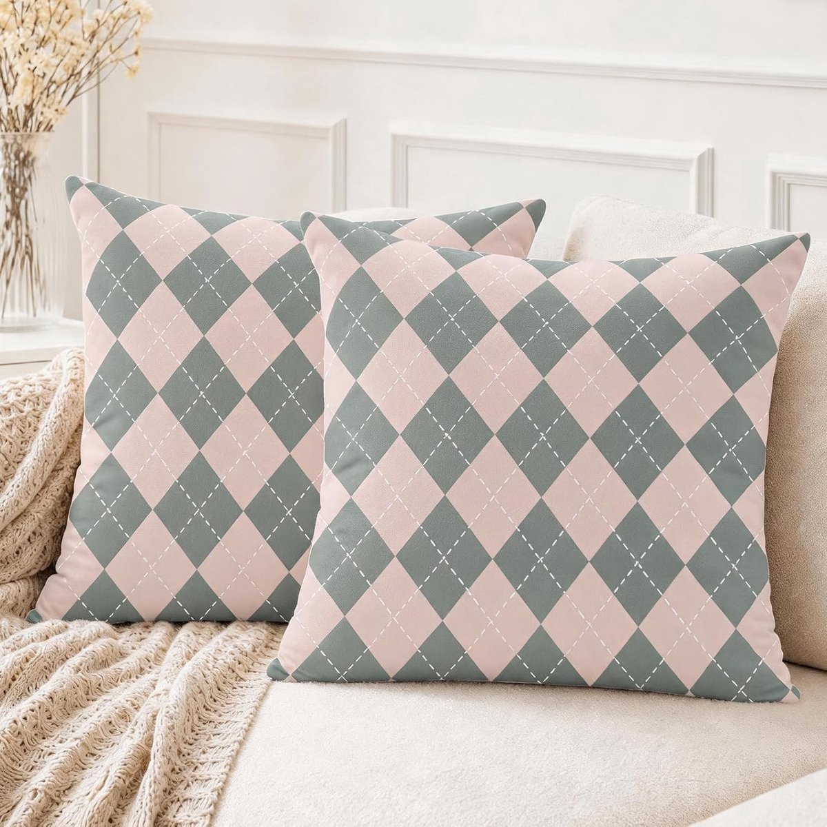 Set van 2 Boho kussenslopen 45 x 45 cm in roze-grijs met moderne geometrische patronen, ideaal voor bank en slaapkamer, zachte en comfortabele decoratie