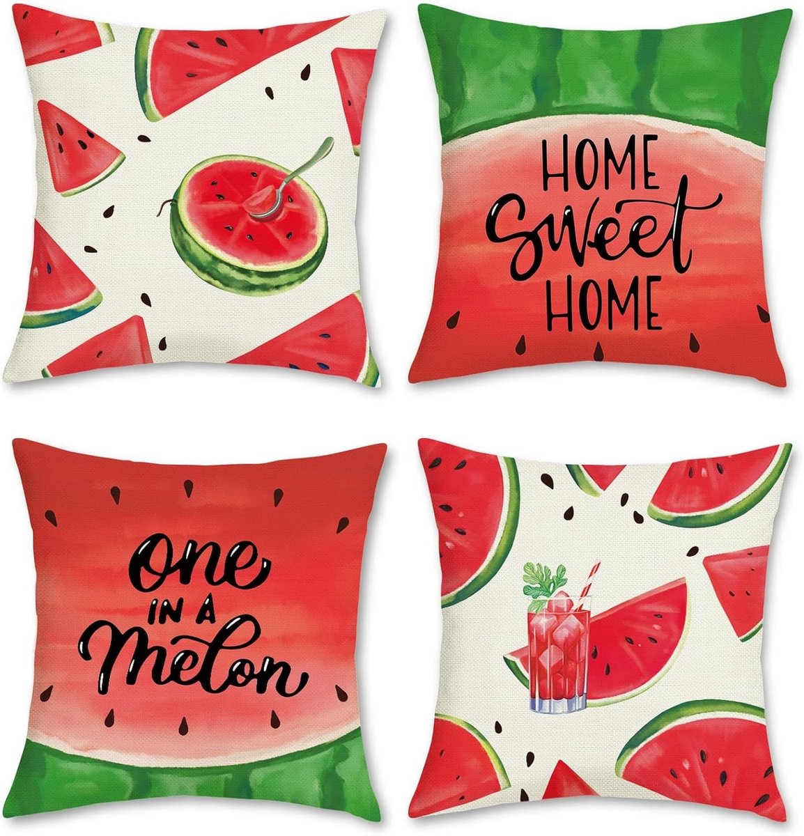 Set van 4 Decoratieve Kussenhoezen met Watermeloenprint 45 x 45 cm voor Sofa en Woonkamer, Groen en Rood, Ideaal voor Thuisdecoratie