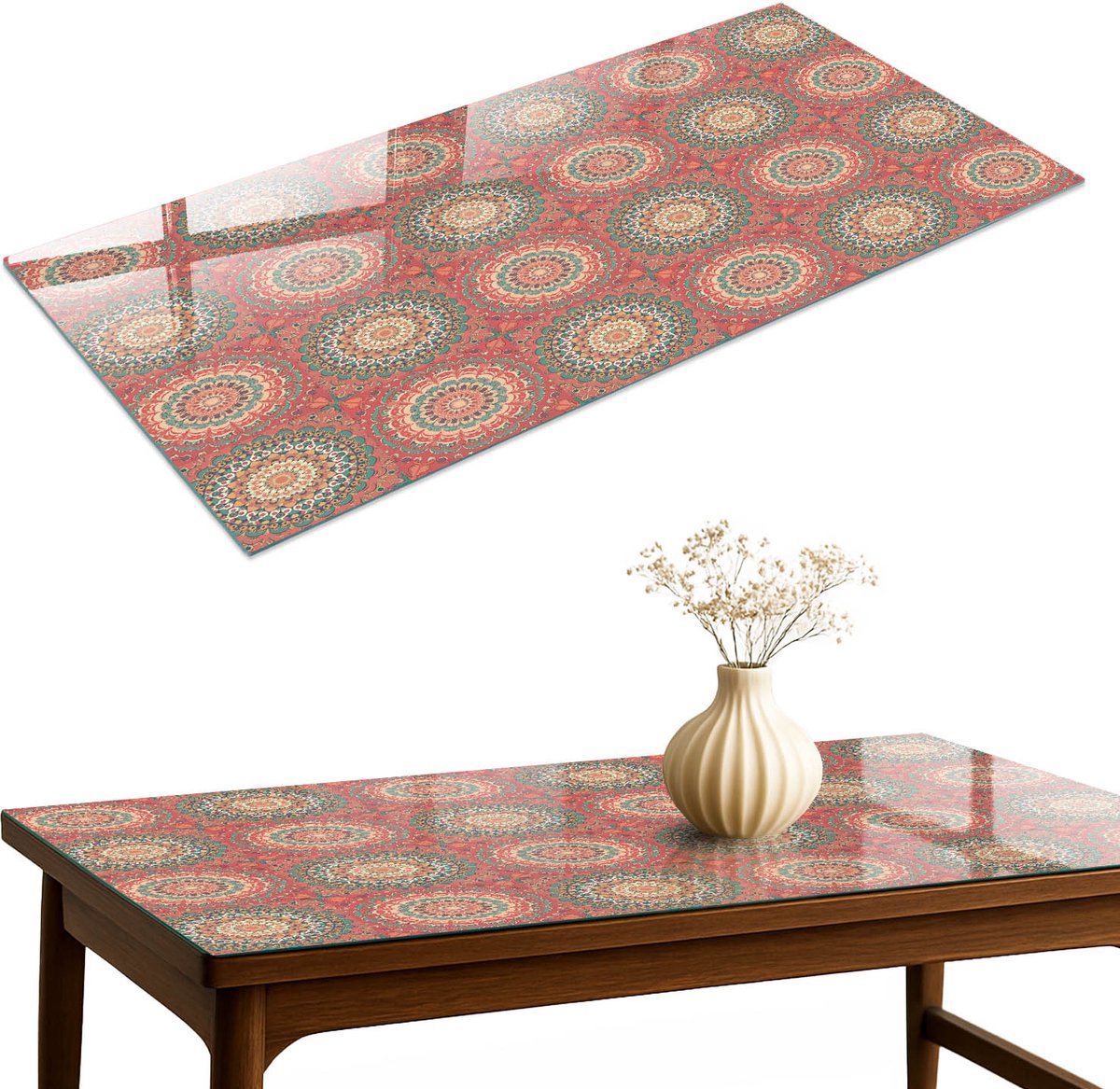 ArtPrintCave Mandala-decoratie Glazen Tafelblad 140x70 cm - Tafelblad Rechthoek - Rood Keukentafel - Achtergronden en patronen Tafelblad Glas