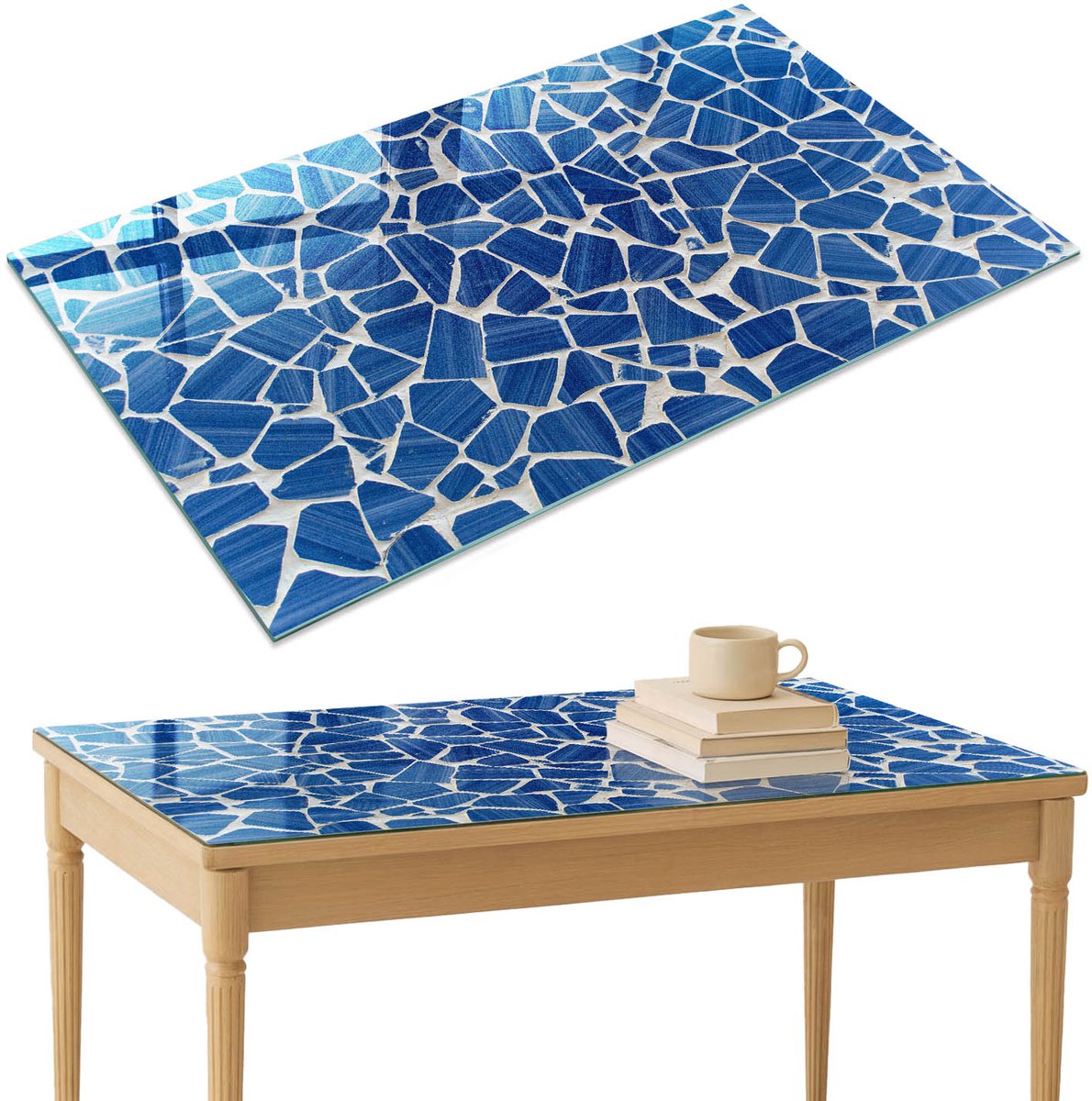 ArtPrintCave Blauw mozaïek Glazen Tafelblad 120x80 cm - Tafelblad Rechthoek - Blauw Tafelblad Glas - Gestructureerd Terrastafel