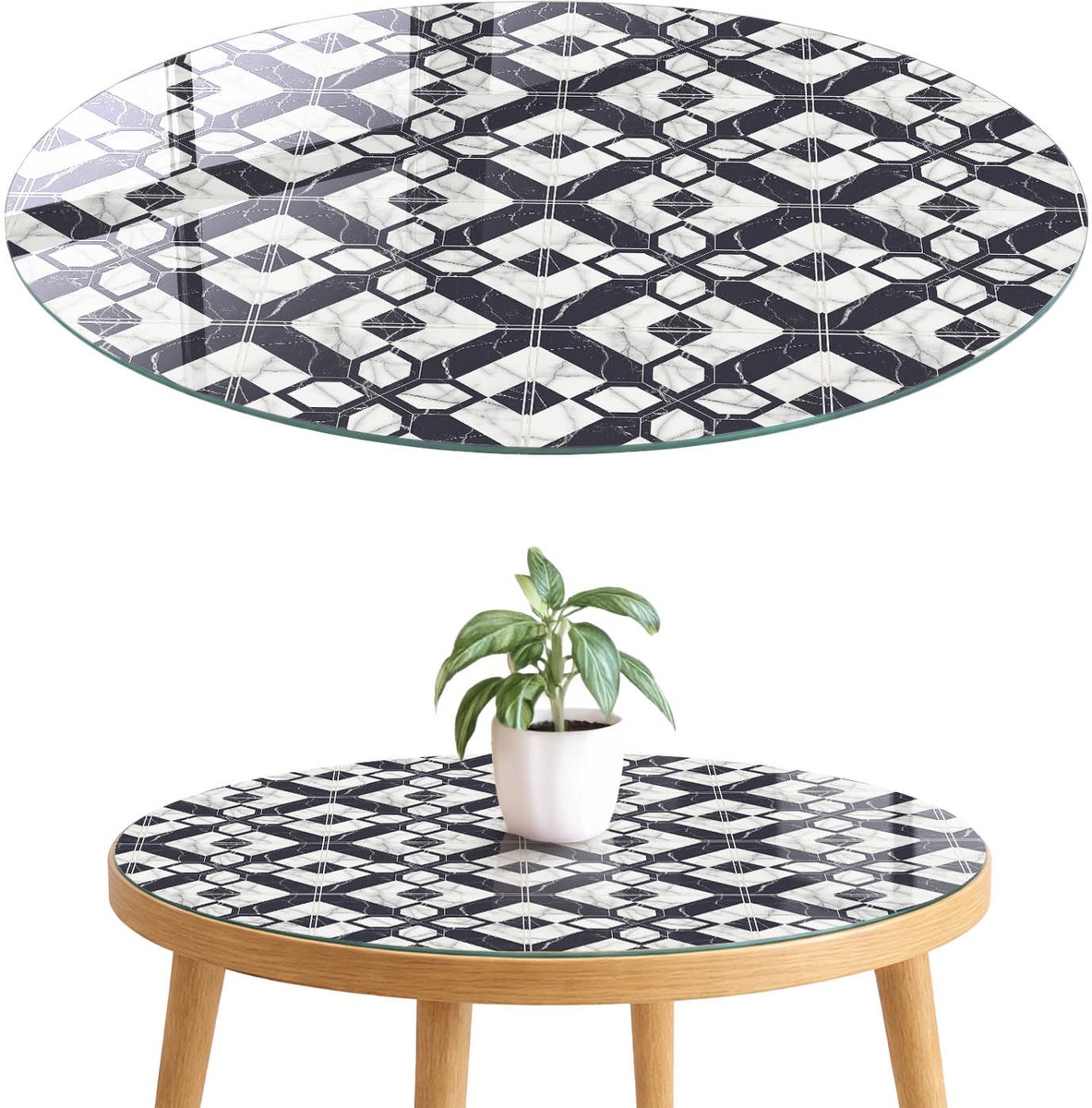 ArtPrintCave Geometrische patronen Glazen Tafelblad fi70 cm - Tafelblad Rond - Zwart Eettafel Met Glasplaat - Geometrie Keukentafel