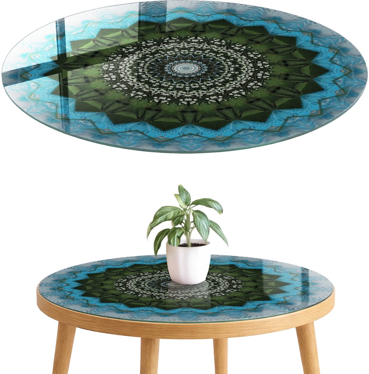 ArtPrintCave Natuurmandala Glazen Tafelblad fi70 cm - Tafelblad Rond - Blauw Keukentafel - Abstractie Terrastafel