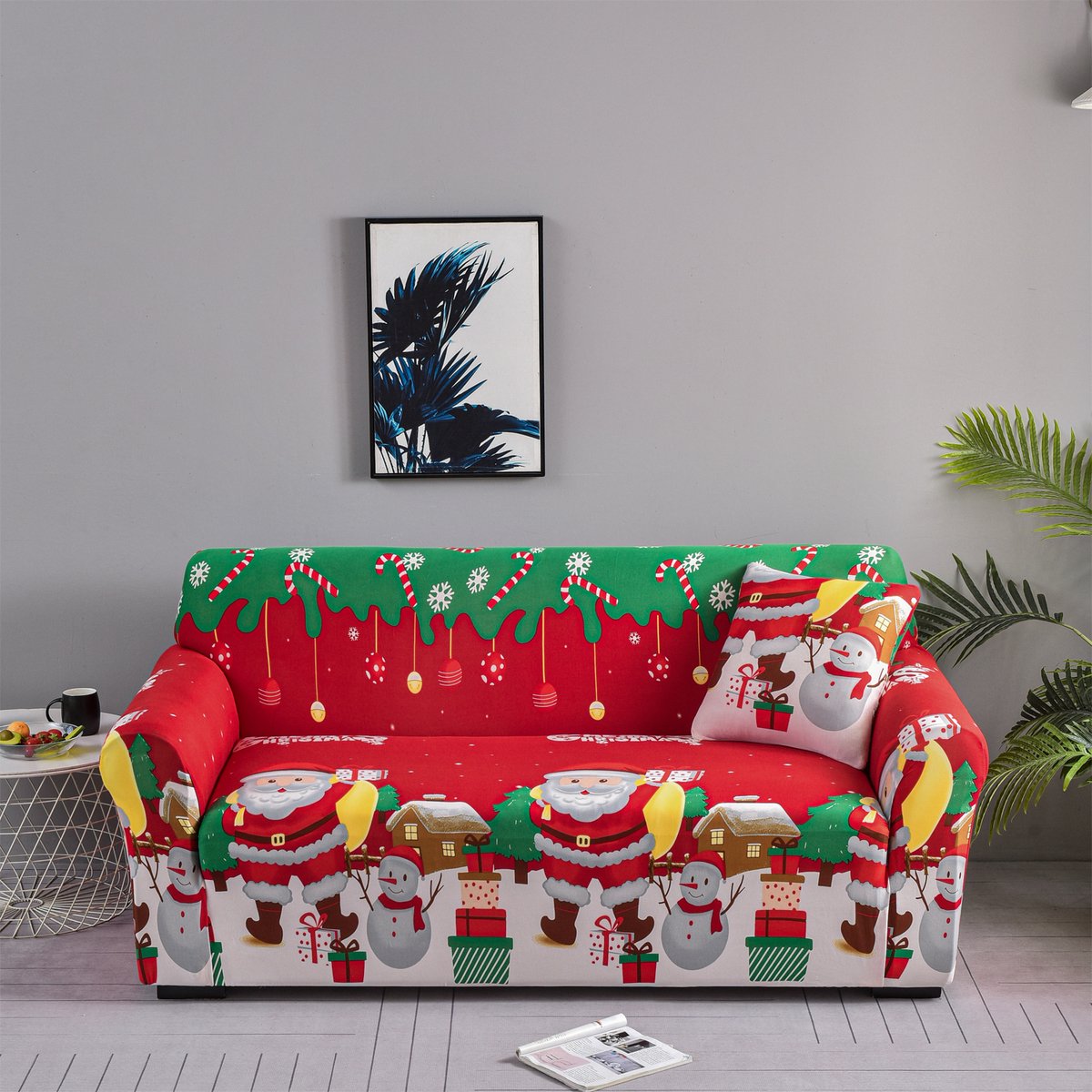 Kerst Bankhoes – Elastische Stretch Bankovertrek – Antislip & Wasbaar – Volledige Bescherming – Kerstsneeuwman Print – Rood – Voor 3-Zits Bank – 190–230 cm – 1 Stuk