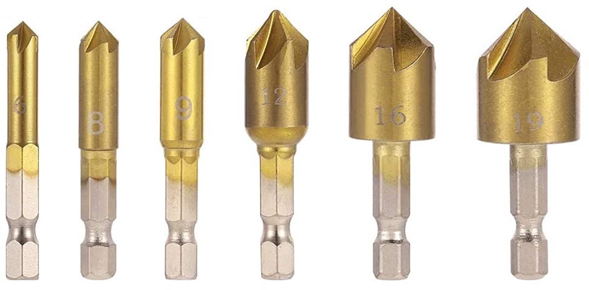 Verzinkboorset, 6 stuks, kegelverzinkboor, houtset met 82 graden middenverzinkbits voor hout, snelwissel-bit, 6 mm - 19 mm