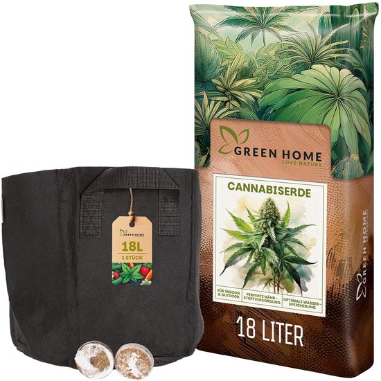 Zwarte 18 liter "Green Home" kweektas, zak cannabis potgrond en twee kokos kiemtabletten. Met afbeeldingen van bladeren en fruit.