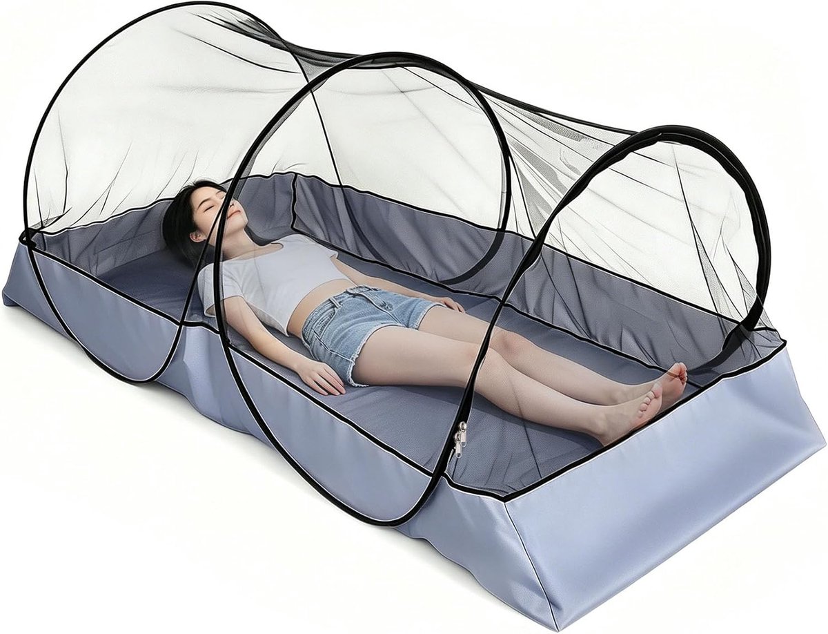 Klamboe voor bed, pop-up muggennet voor buiten, draagbare buitentent, draagbaar thuisbed, voor reizen, kamperen en thuis (grijs, 200 x 100 x 73 cm)