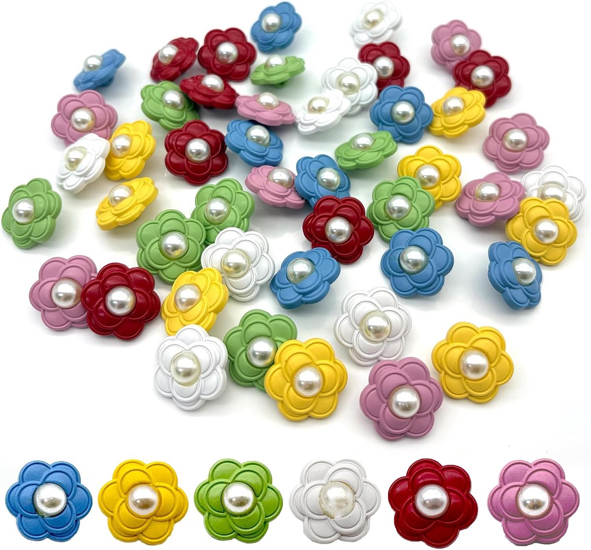 48 stuks kleine frisse bloemknoppen, snoepkleuren, kleine knopen, decoratieve knopen, kleurrijke schattige handgenaaide knopen, haaraccessoires, sieraden, kleding, decoratief, schattig (E, 21 mm)