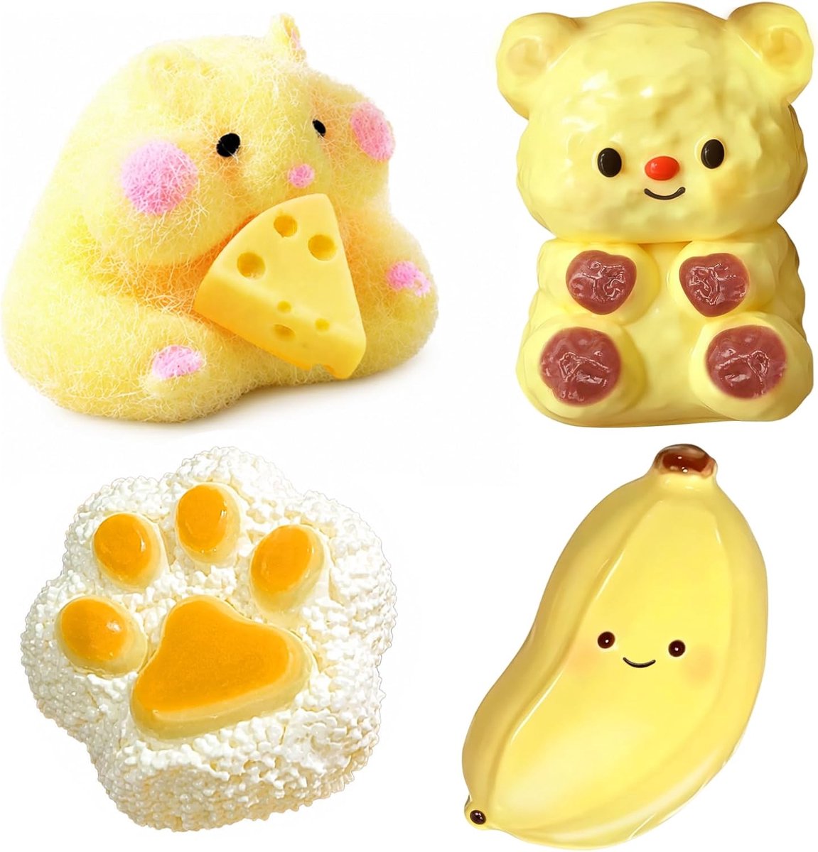 Squishies (4-pack), Taba Squishies, volwassene | stressverlichtend speelgoed (pootje, hamster, beertje, banaan), uitdeelcadeautjes