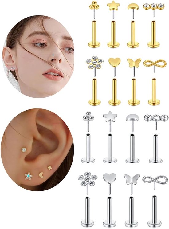 Studs Goud Zilver, 16G 6mm 8mm Tragus Piercing sieraden roestvrij staal met Cubic Zirconia, Neus Stud Lip Bar Kraakbeen Helix Piercing sieraden voor vrouwen meisjes — afbeelding 4