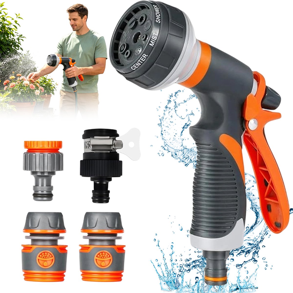 Autowasspuit - 8-Stand Autowasspuitpistool - Tuinspuit - Verstelbare Sproeistanden ABS - Incl. 4 Adapters & Rubberen Afdichting - Ergonomische Antislip Handgreep - Lekvrij & 12 Bar - Voor Auto, Tuin & Huisdier