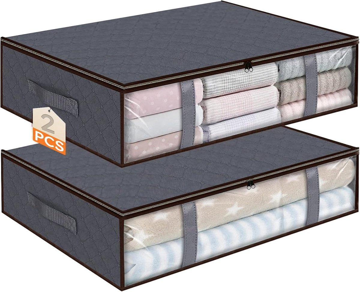 2 stuks opbergdozen voor onder het bed, 40 liter kastdozen | Met kijkvenster en handgreep, opvouwbare opbergdozen voor kleding, dekens, dekbedden, grijs