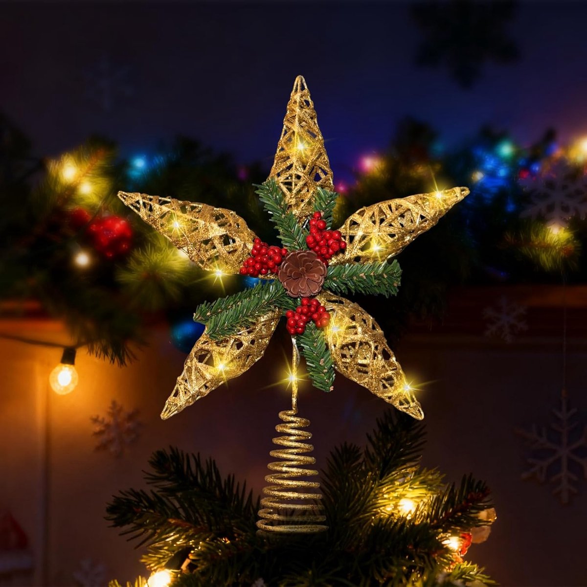 Kerstboompiek, ster, kerstboompiek, ster met led, kerstdecoratie, kerstboomversiering, topper ster voor kerstboomdecoratie