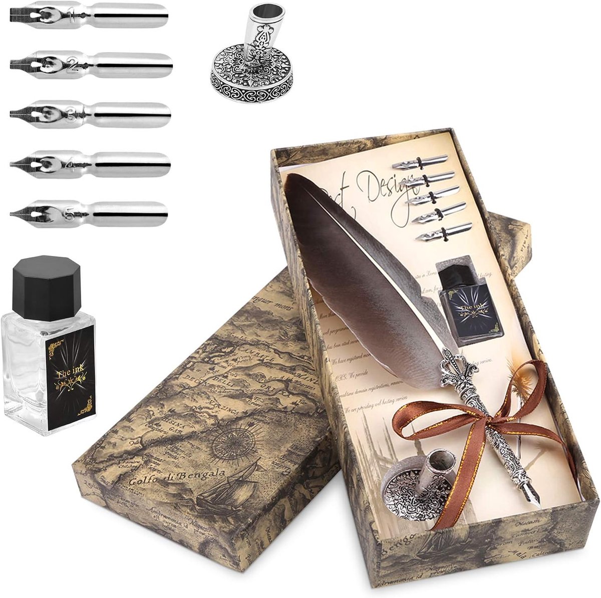 Quill Pen Set Dip Pen, Antique Feather Dip Pen Set Writing Quill Ink Dip with 6 PCS Replaceable Nibs, Pen Nib Base and Empty Ink Bottle for Art and Craft (Black)