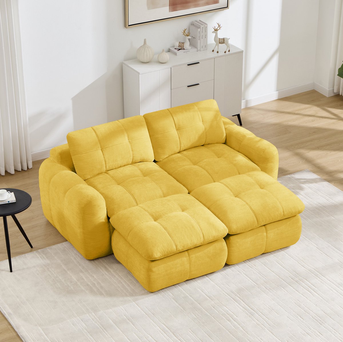 MEUNIQ 2-zits modulaire bank van chenille met geruit stiksel, 2 ottomans, brede armleuningen, zonder montage, voor woonkamer of appartement, geel