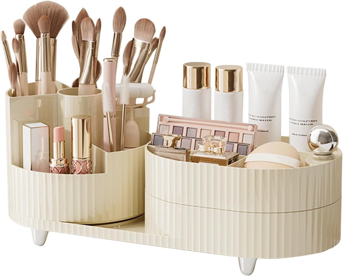 Make-uporganizer met grote capaciteit, 360 graden draaibaar, make-up-organizer met laden, make-upborstelhouder, make-up-organizer, laden voor ijdelheid, badkamer (crème 01)