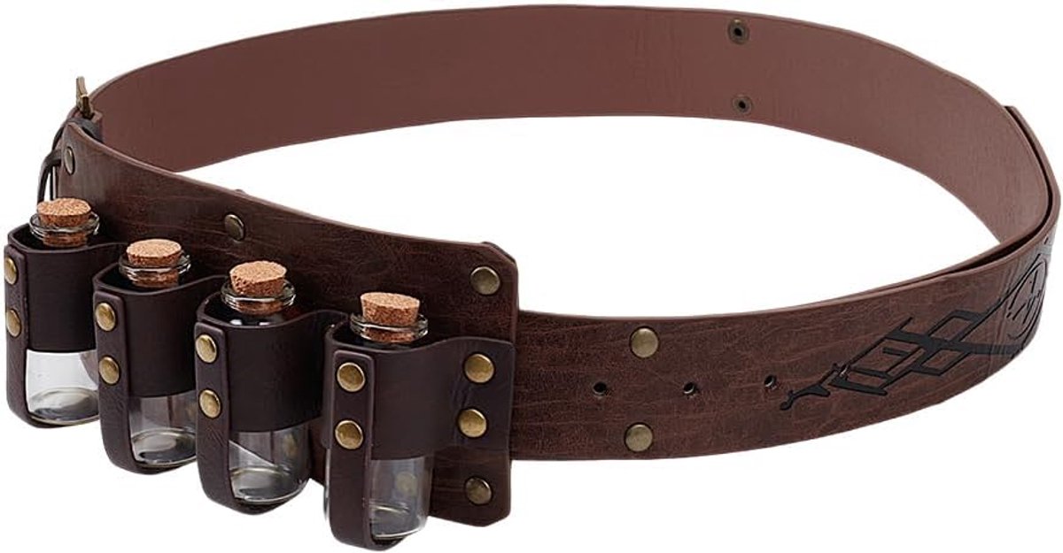 Riem met gesp van PU-leer voor middeleeuwse alchemie, Fantastische tovenaarsdrankflessenriem met 4 glazen flessen voor Halloween-rol, kokosbruin, Kokosbruin, 147×3.85cm