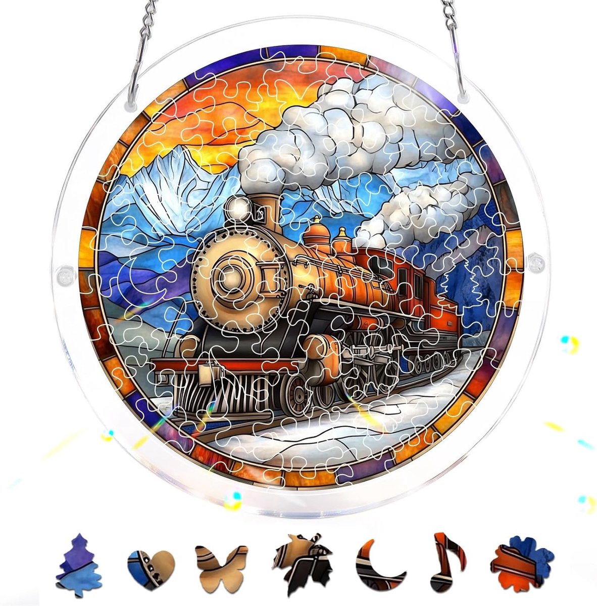 83-Delige Acryl Puzzel-Zonnvanger –Trein Raamhanger in Glas-in-Loodstijl, Creatief Moederdagcadeau, Zonnvanger-Decoratie Voor Tuin & Huis, Verjaardagscadeau, 18x18 cm A192