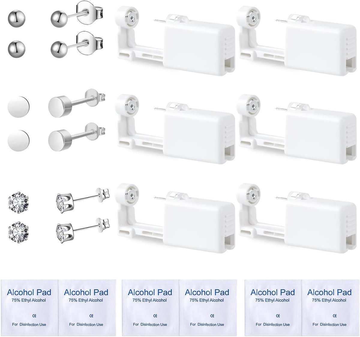 Schietpistolen voor gaatjes in de oren, 6 stuks, wegwerppistolen voor piercing, veilig, steriel, voor oren en neus, pijnloos, aseptisch, met oorstekers