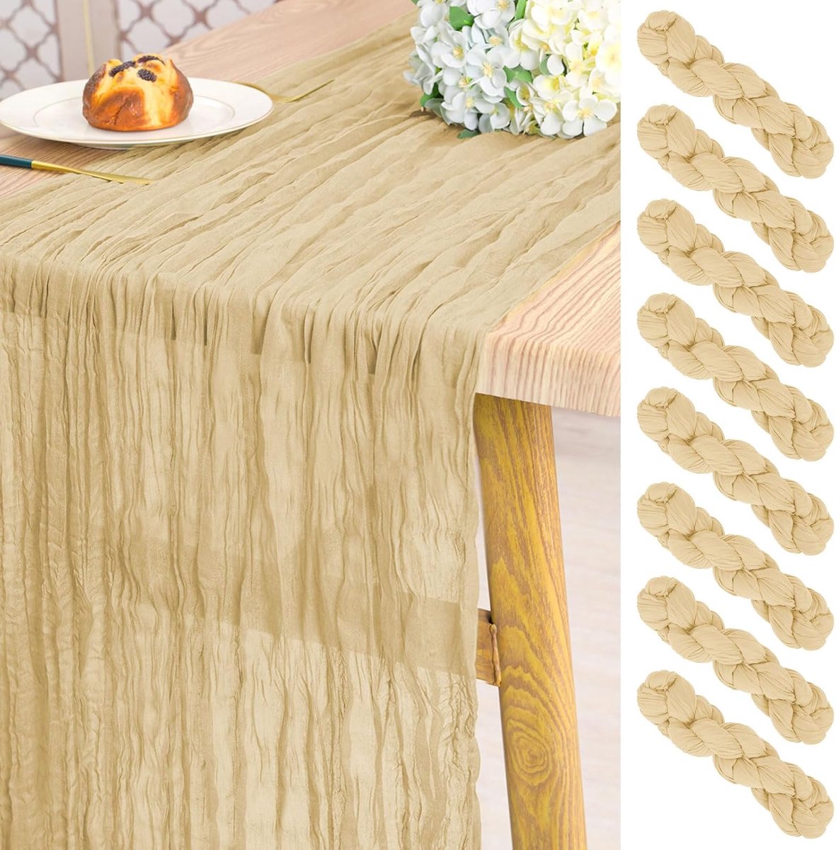 8 stuks kaasdoek, tafelloper van gaas, 3 m lang, beige, rustiek gaas, boho, bruiloft, tafelloper, 50 x 300 cm, voor bruiloft, bruidsdouche, feest, banket, decoratie