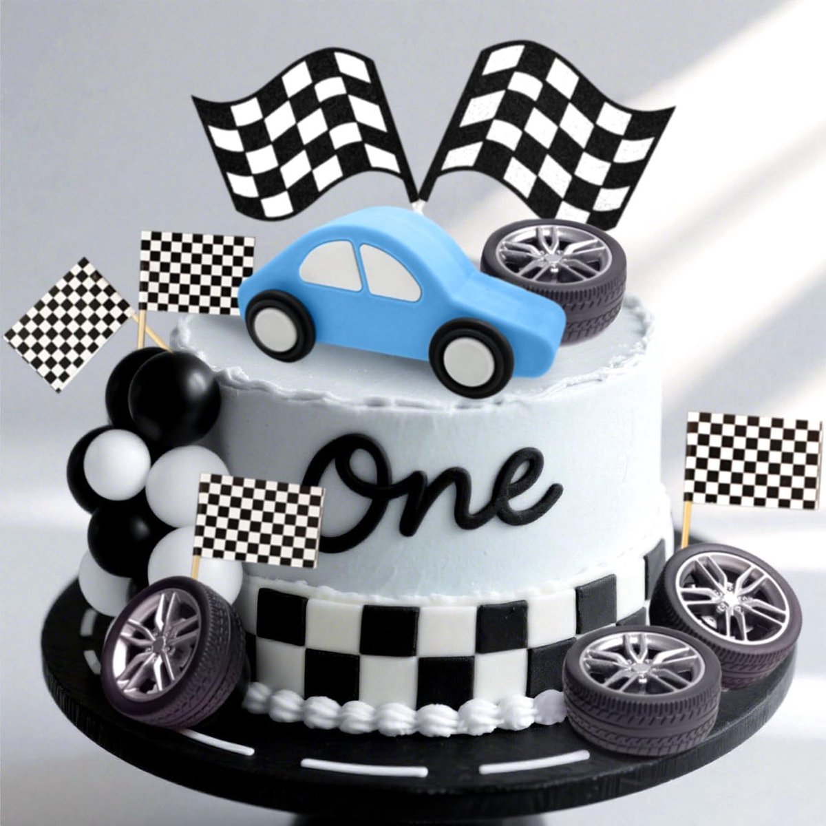 raceauto taartdecoraties geruite vlag autotaart versiering | JeVenus raceauto taartdecoraties geruite vlag autotaart versiering opgroeien twee snel verjaardagsdecoraties snelle een