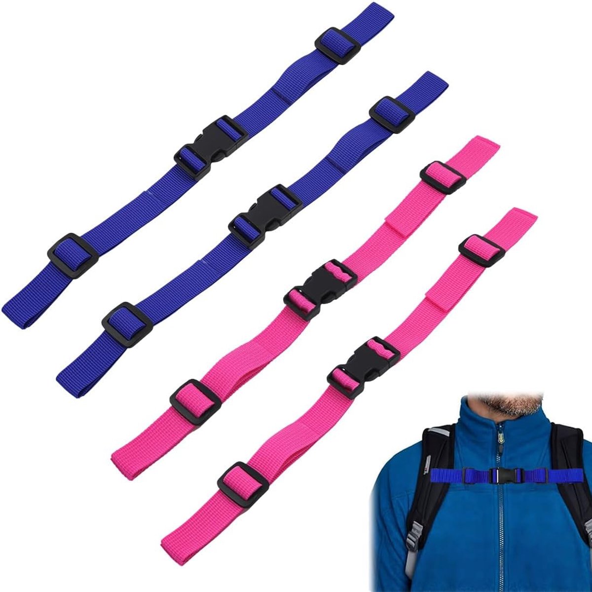 4 stuks riemen, borstriem, rugzak, borstband voor rugzak, verstelbaar, antislip, duurzaam, voor rugzak volwassenen en kinderen, joggen, reizen in de open lucht, 4 stuks