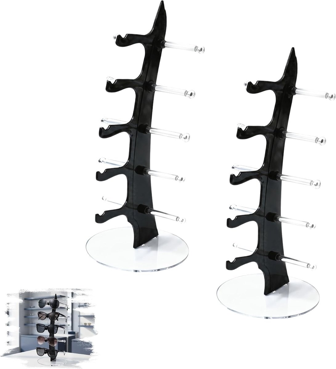2 stuks brillenhouder voor 5 brillenrek, 35 x 16 x 12,5 cm, zonnebrillen, opslag voor opslag en presentatie in de brillenwinkel of thuis