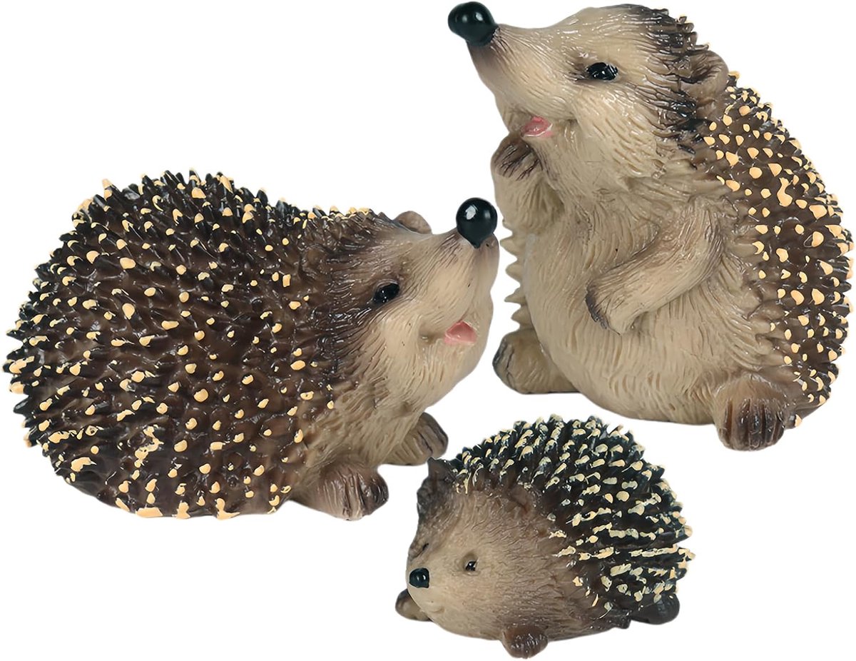 3-delige decoratieve egelfiguur, babyegel in een blad, realistisch egelbeeld van polyresin voor dieren, vorstbestendig en kleurvast