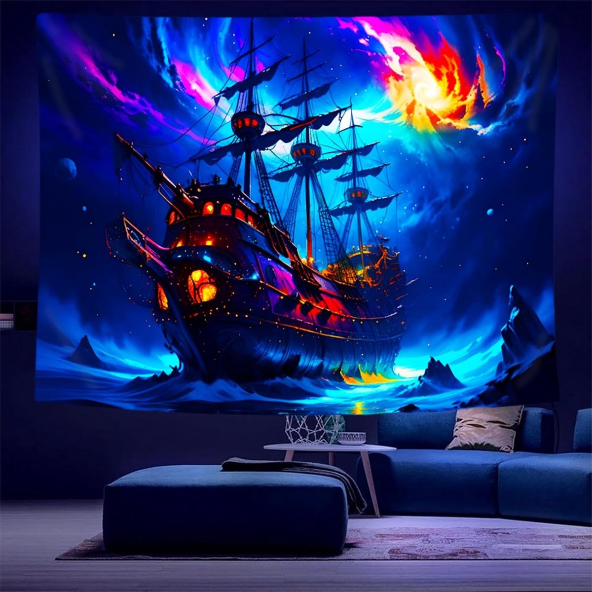 Blauwe geest piratenschip blacklight wandtapijt Uv reactief zee